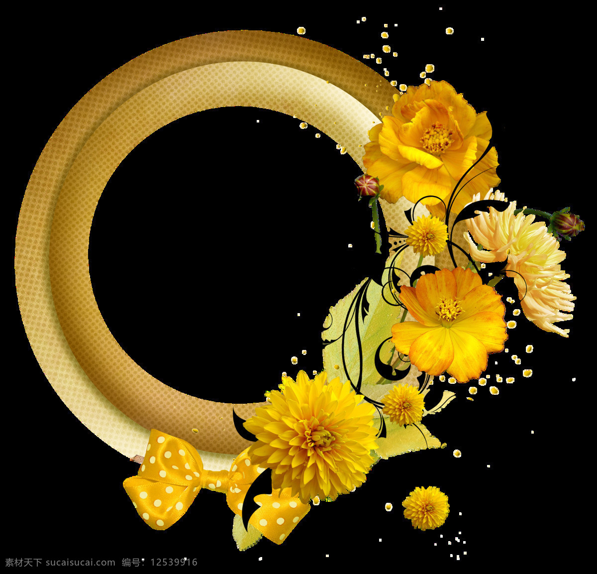 水彩 彩绘 黄花 圆形 框架 透明 菊花 玫瑰花 黑色叶子 金色 透明素材 免扣素材 装饰图片