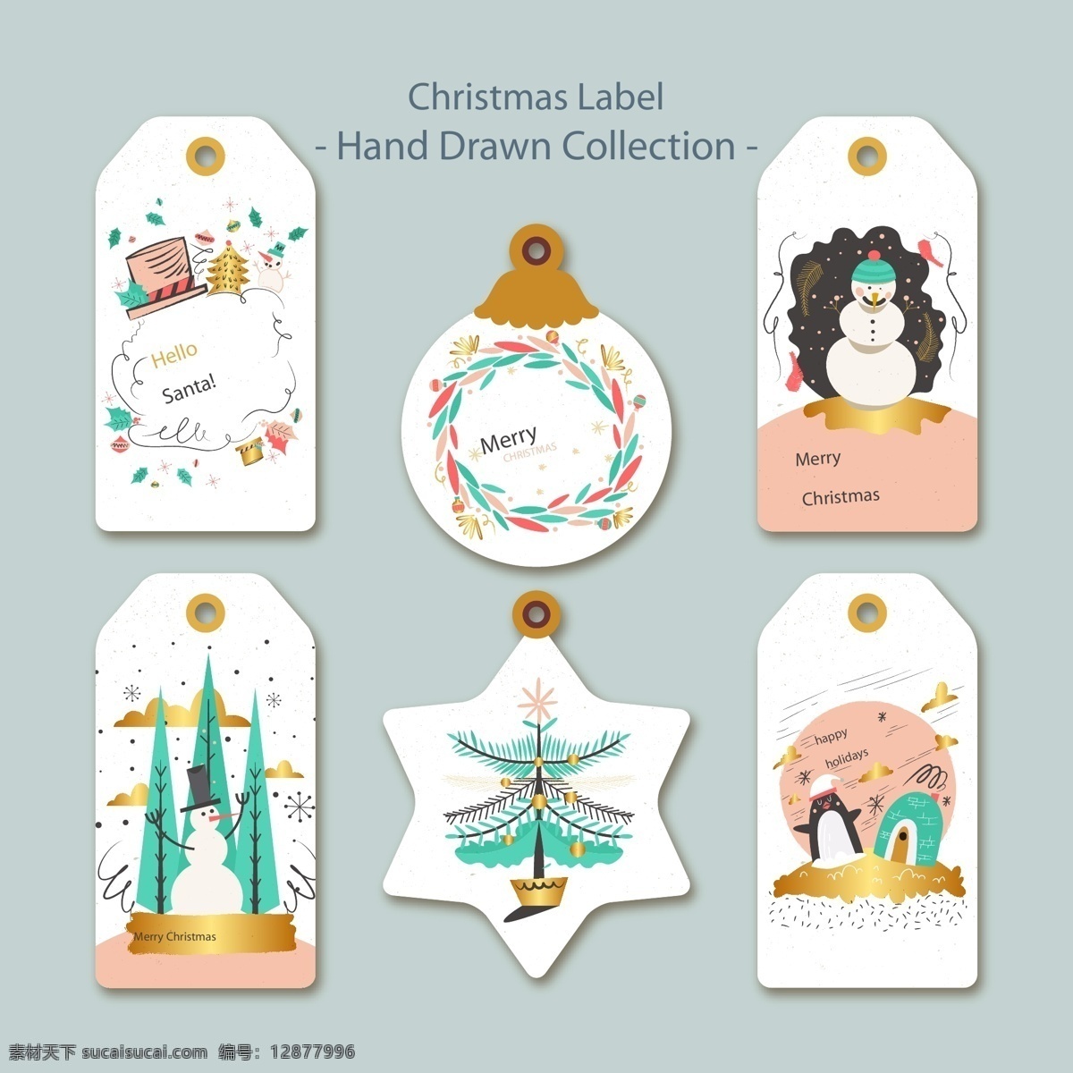 精美 圣诞节 标签 插画 圣诞树 矢量素材 手绘 雪人 花环 明信片