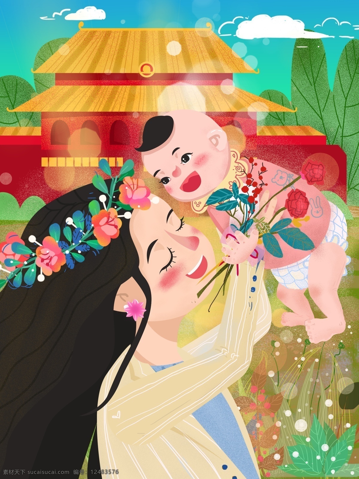 母亲节 温馨 唯美 三八妇女节 母婴 幸福 卡通 插画 可爱 幸福时刻 鲜花 光斑