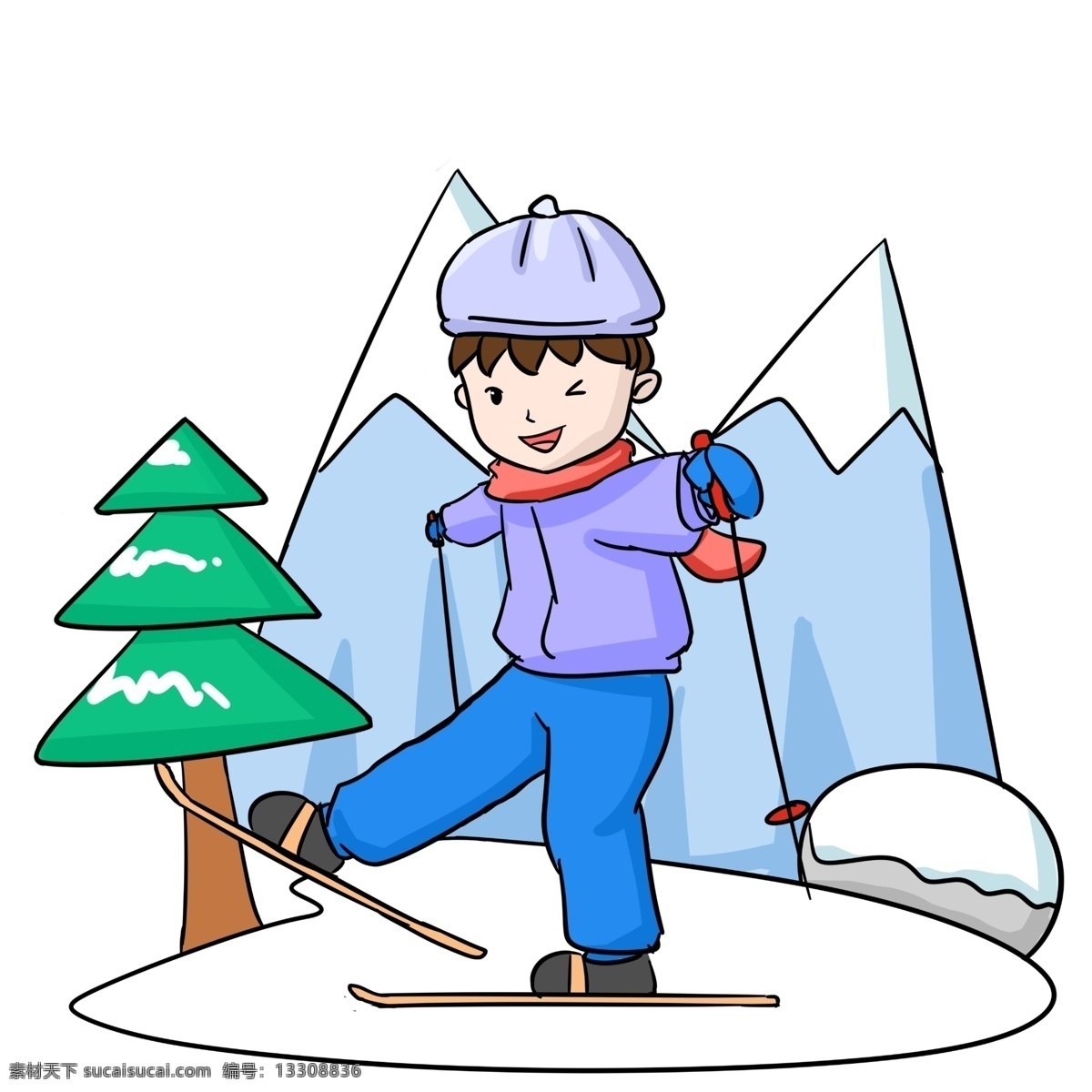 冬季 旅游 男孩 滑雪 卡通 雪山 松樹 綠色 植物 滑雪板 滑雪運(yùn)動(dòng) 冬天 冬季旅行 卡通人物 手繪圖 雪峰