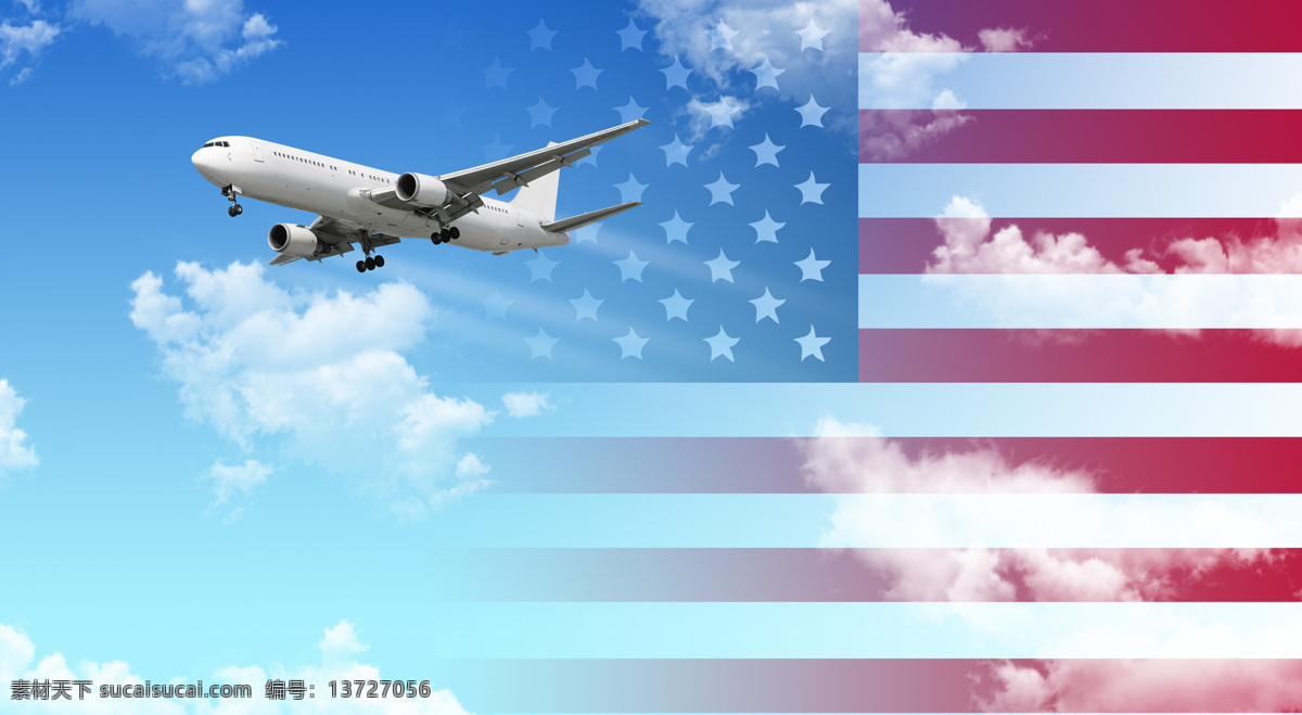 天空 中 飞机 美国 国旗 客机 交通工具 蓝天白云 美国国旗 旗帜 现代科技 飞机图片