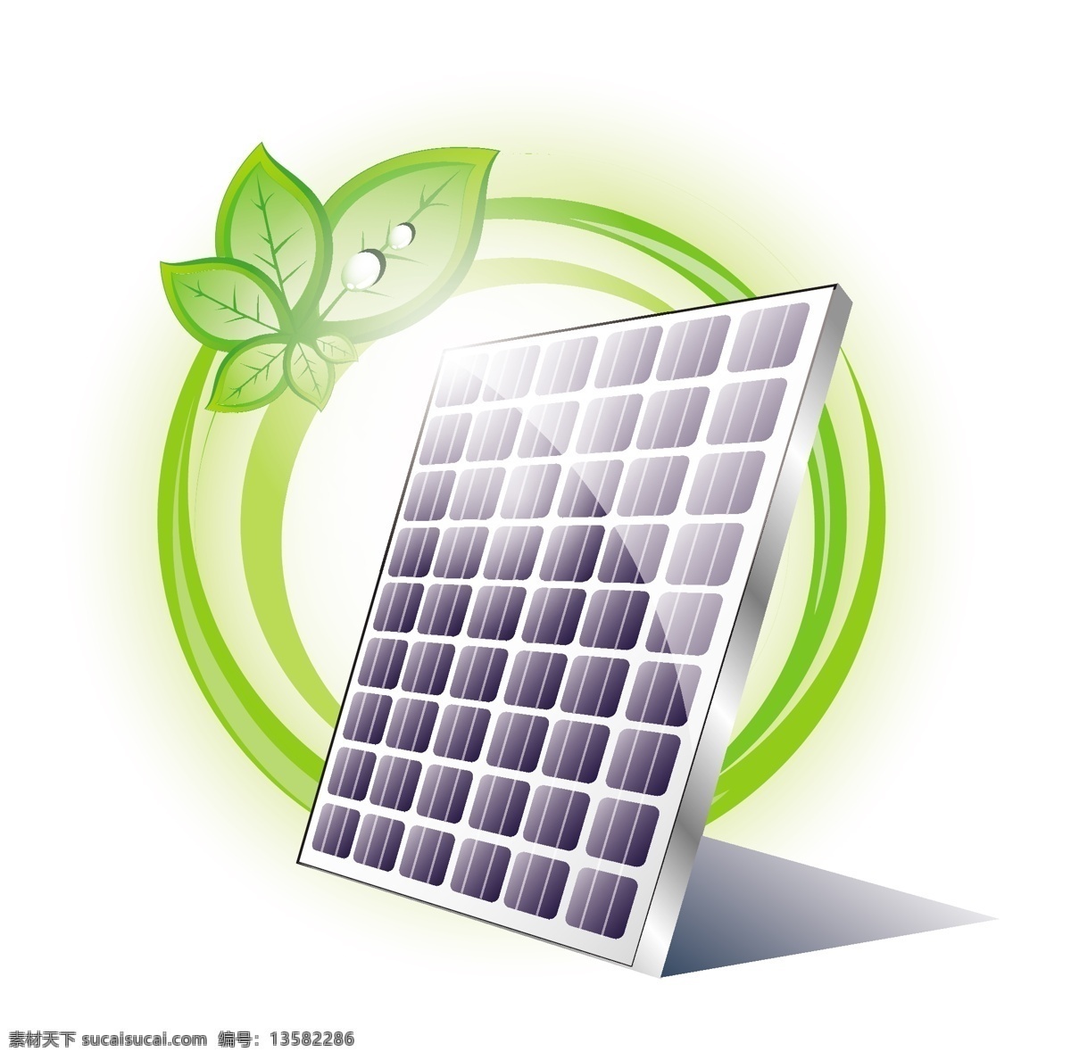 绿叶 太阳能板 水珠 水滴 能源 绿色 环保 节能 低碳 生态 手绘 绿色环保 背景 矢量