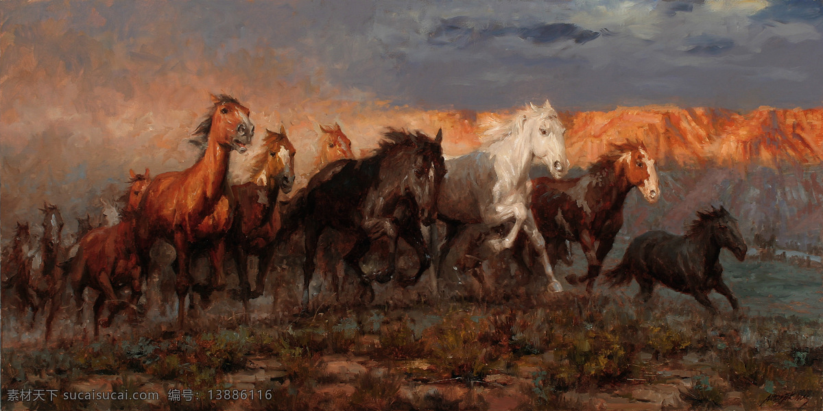 奔跑 马群 油画 奔跑的马群 马匹 动物 绘画 艺术 书画文字 文化艺术