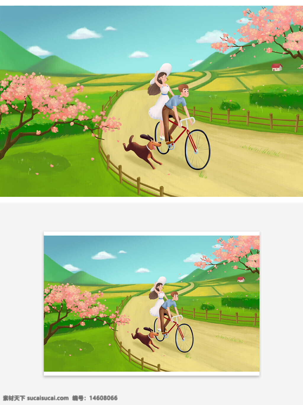 踏青 插畫 情侶 騎自行車 春天 田園風(fēng)光 櫻花樹 綠草地 鄉(xiāng)村小路 浪漫 狗跑 自然風(fēng)景 戶外活動 清新 唯美