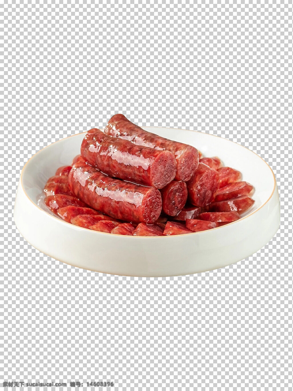 腊肠 中式腊肠 传统美食 腌制食品 食品摄影 静物摆拍 白瓷盘 猪肉制品 肉类食品 香肠切片 腊味食材 美食素材 餐饮设计