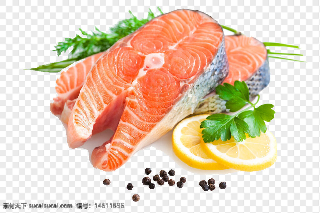 三文鱼 新鲜 鱼排 海鲜 柠檬 香菜 黑胡椒 生食 健康食品 高蛋白 水产 营养丰富 烹饪食材 食材搭配