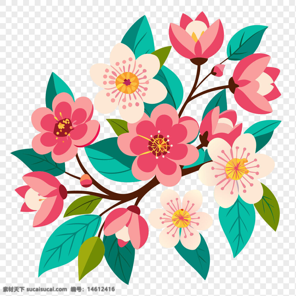 花朵 插画 春天 唯美 粉色 植物 枝条 绿叶 装饰 自然 清新 花卉 手绘风格