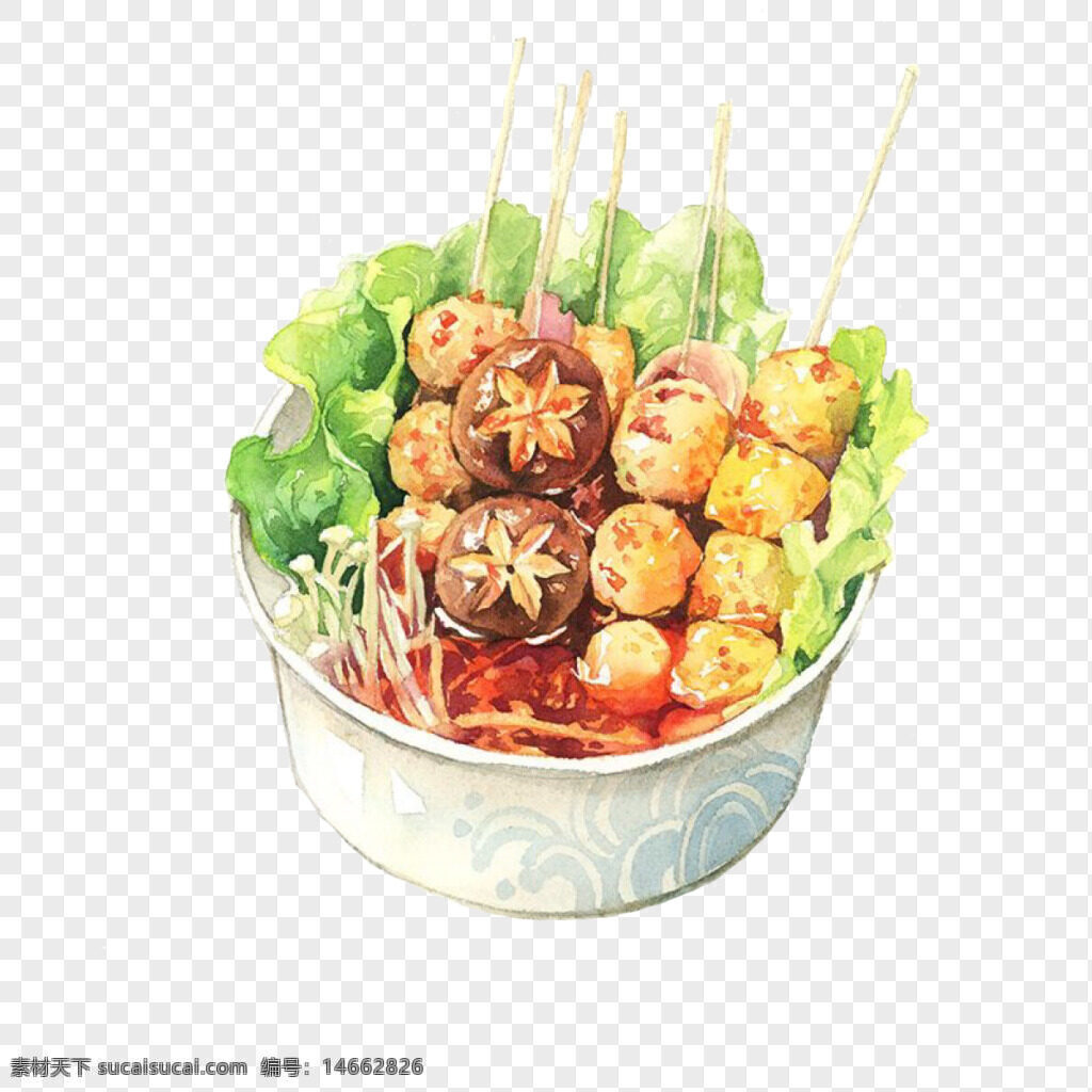 麻辣烫 手绘美食 香菇 鱼丸 龙虾球 金针菇 生菜 插画美食 火锅食材 素食搭配 辛辣口味 精致插画 生活方式 美味料理 食材拼盘