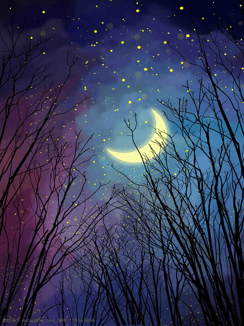 夜晚 夜色 月亮 星辰 树枝 唯美背景