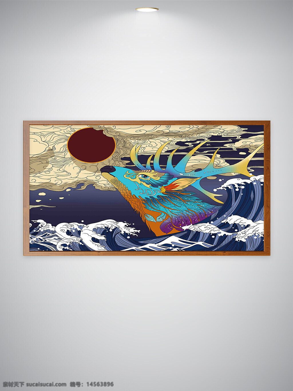 麋鹿 祥云 海浪 浮世绘 中式装饰 国潮风