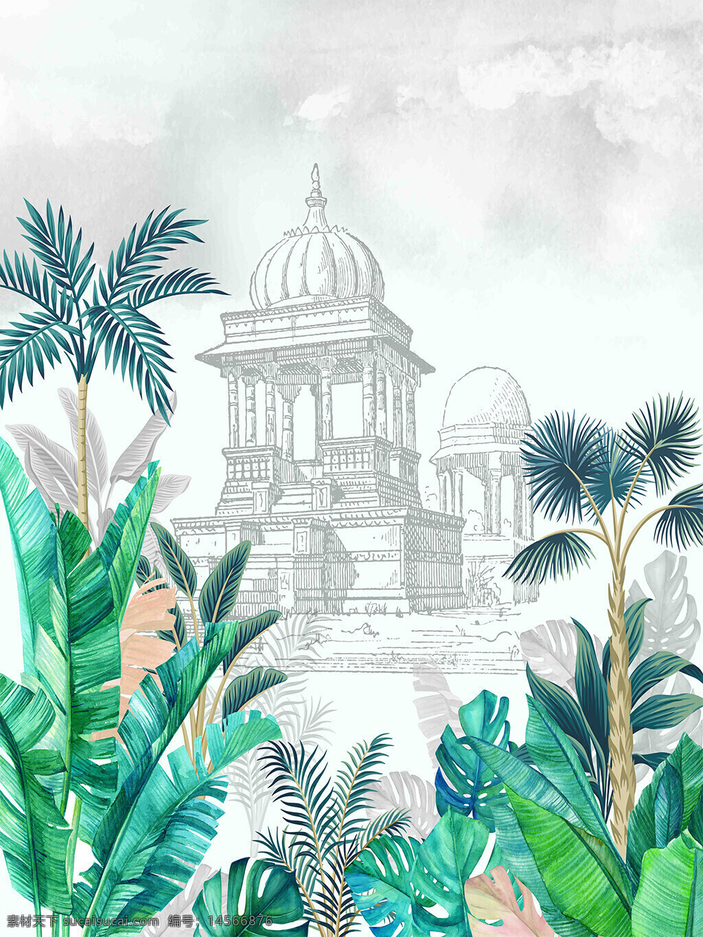 热带植物背景装饰 热带植物 背景 装饰 椰子树 龟背叶 线条建筑 水彩