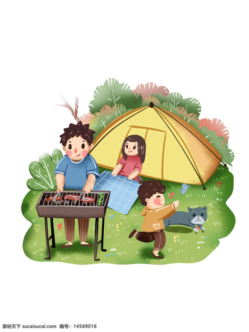 家庭 卡通手绘 露营 亲子游 烧烤 野餐 野炊 野外露出 帐篷