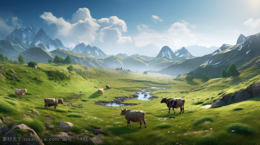 创意自然风景。高山 草原 牦牛。摄影图。创意摄影。创意设计 创意元素