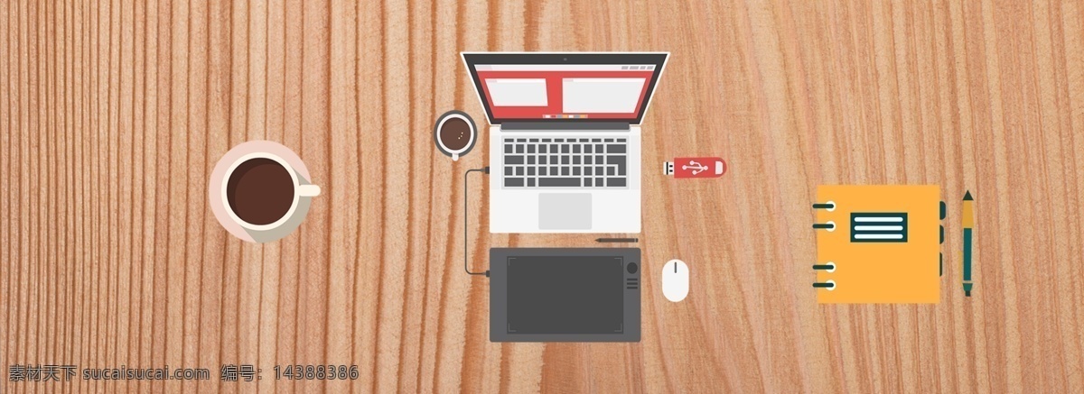 卡通 木纹 桌面 上 电脑 背景 木 纹 办公 咖啡 笔记本