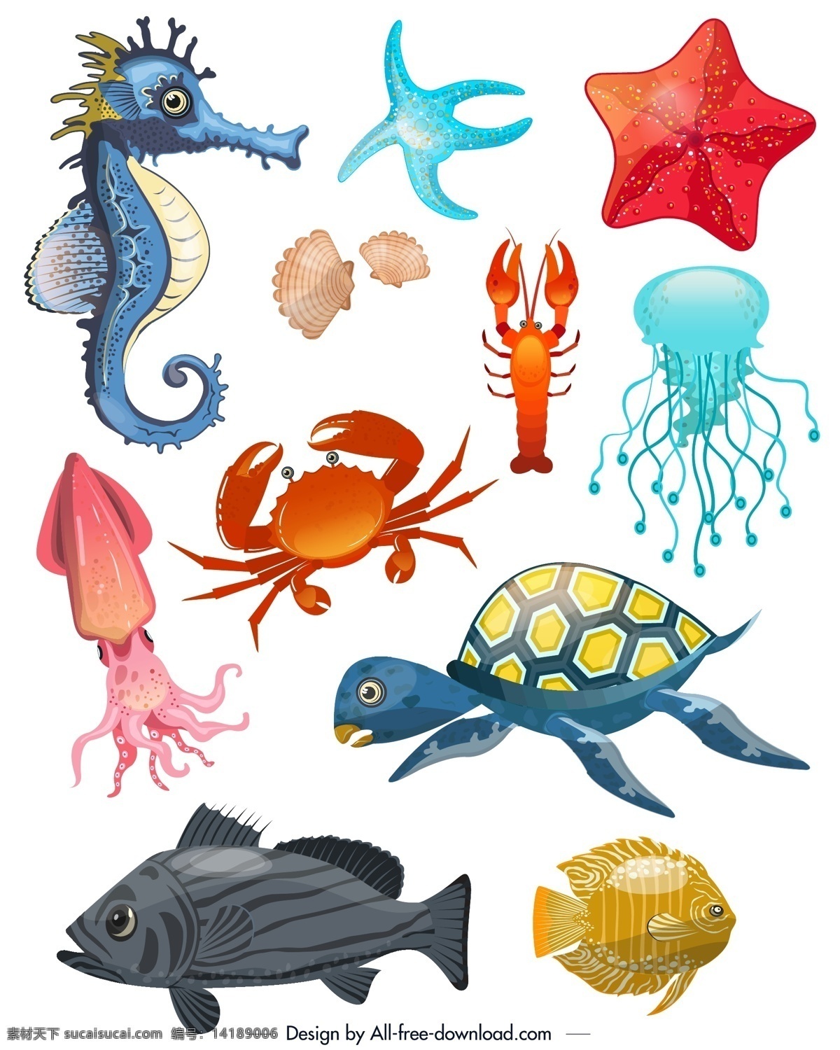 创意 海洋 动物图片 海马 海星 龙虾 水母 贝壳 矢量 高清图片