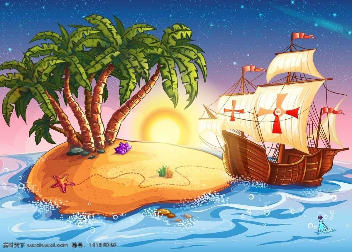 卡通 海上 冒险 插画 帆船 木船 十字军 孤岛 漂流瓶 矢量 高清图片