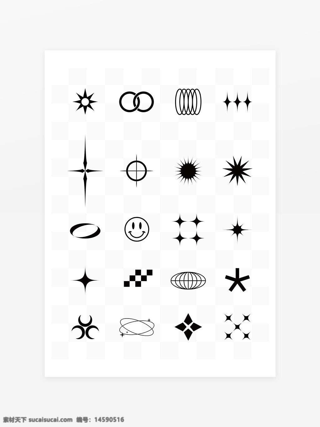 星星 笑脸 环形 对称 光芒 八角星 矩形 网格 椭圆 连接 星点 发光 弯曲 圆圈 十字 放射状 闪耀 抽象 符号