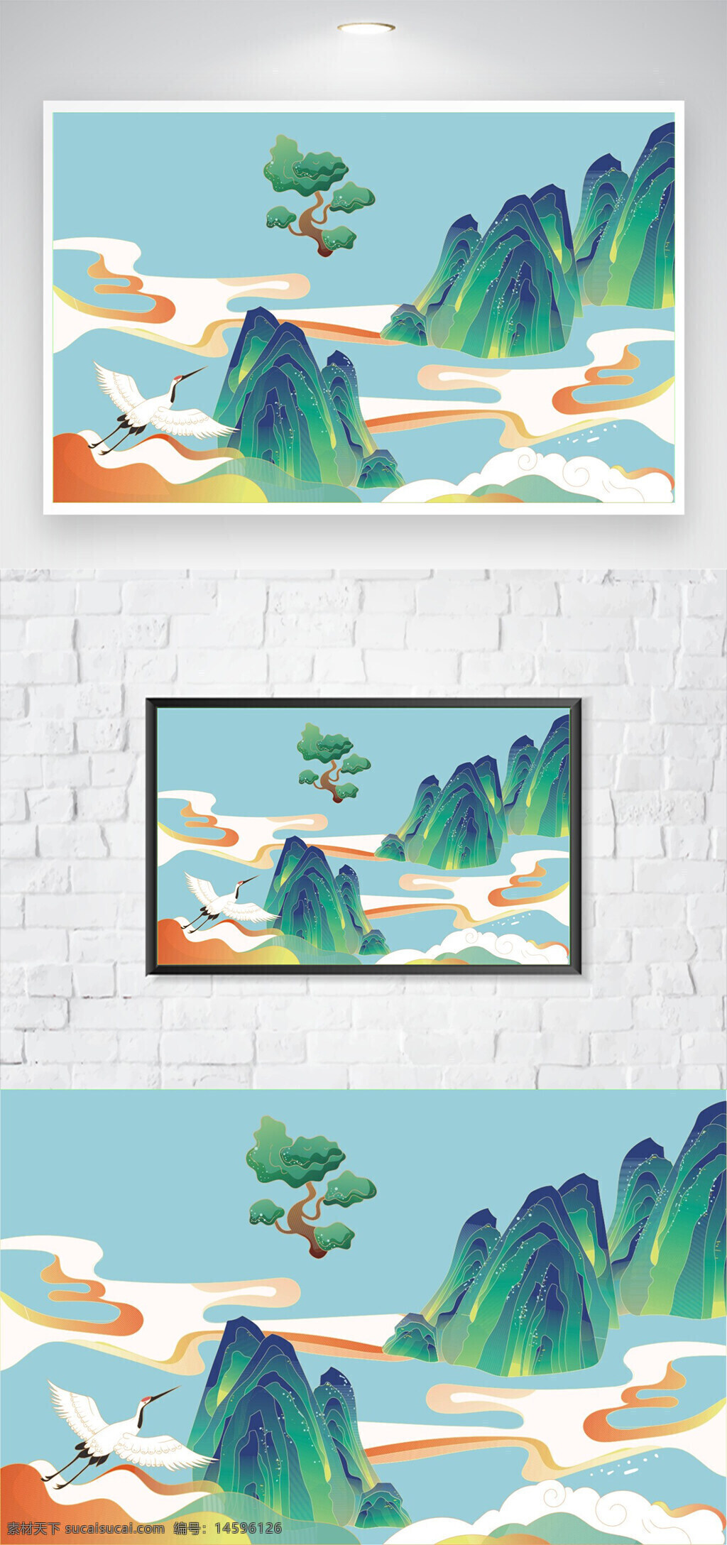 仙鹤 山水画 风景 云彩 松树 传统 插画 艺术 自然 天空 青山 白鹤 宁静 美丽 梦幻 彩云 唯美 中国风 绘画 意境