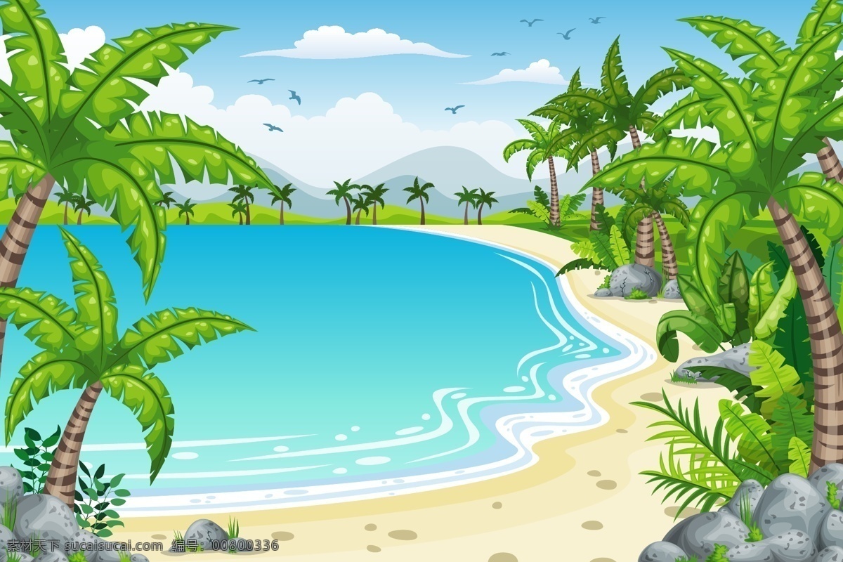 卡通 沙滩 风景 插画 大海 椰树 夏天 度假 小岛