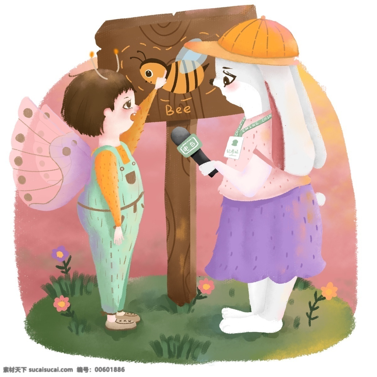 卡通 可爱 手绘 儿童 插画 记者 采访 元素 卡通可爱 人物 动物 兔子