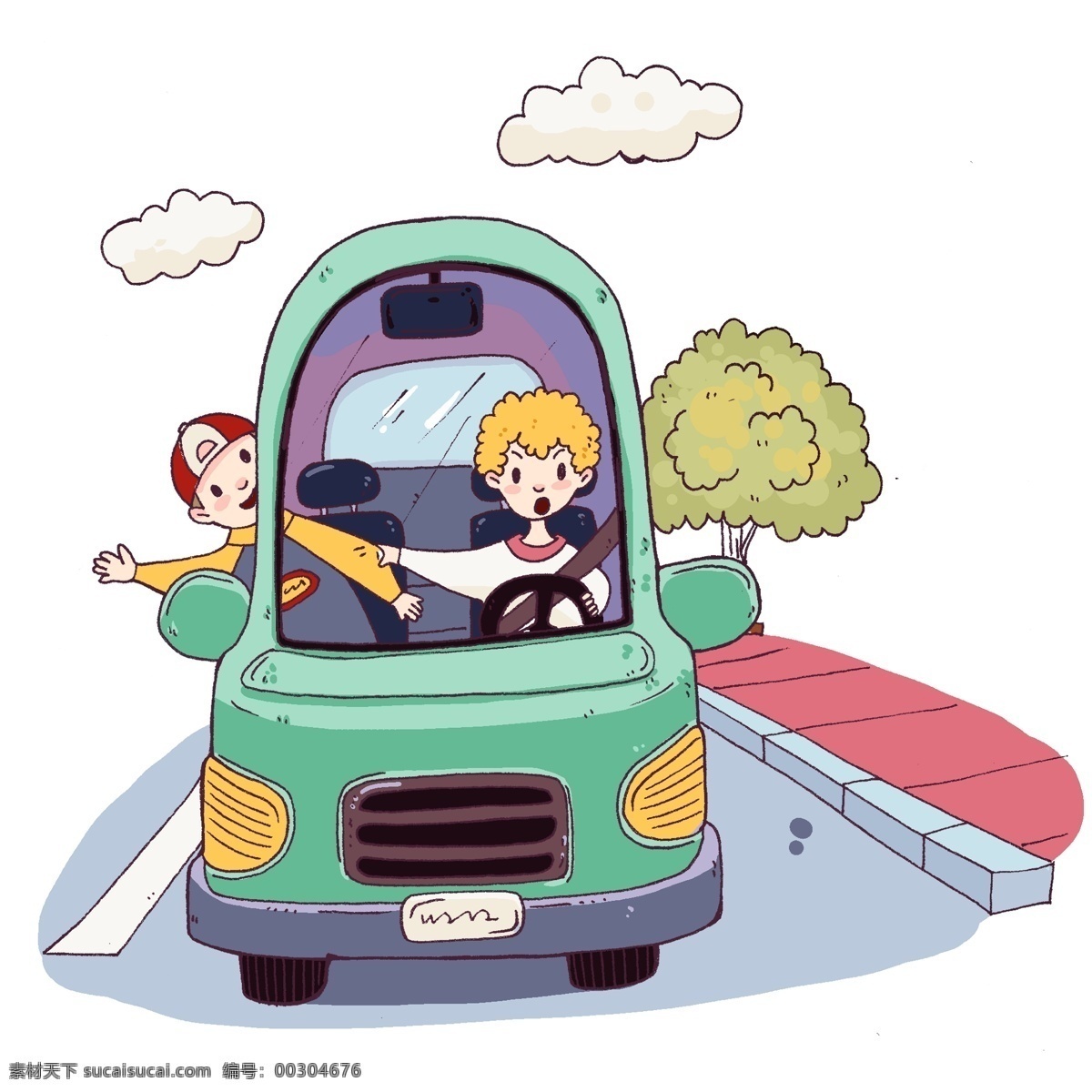 小 男孩 头 伸出 车窗 外 插画 绿色大巴车 卡通 安全教育 注意安全 交通安全
