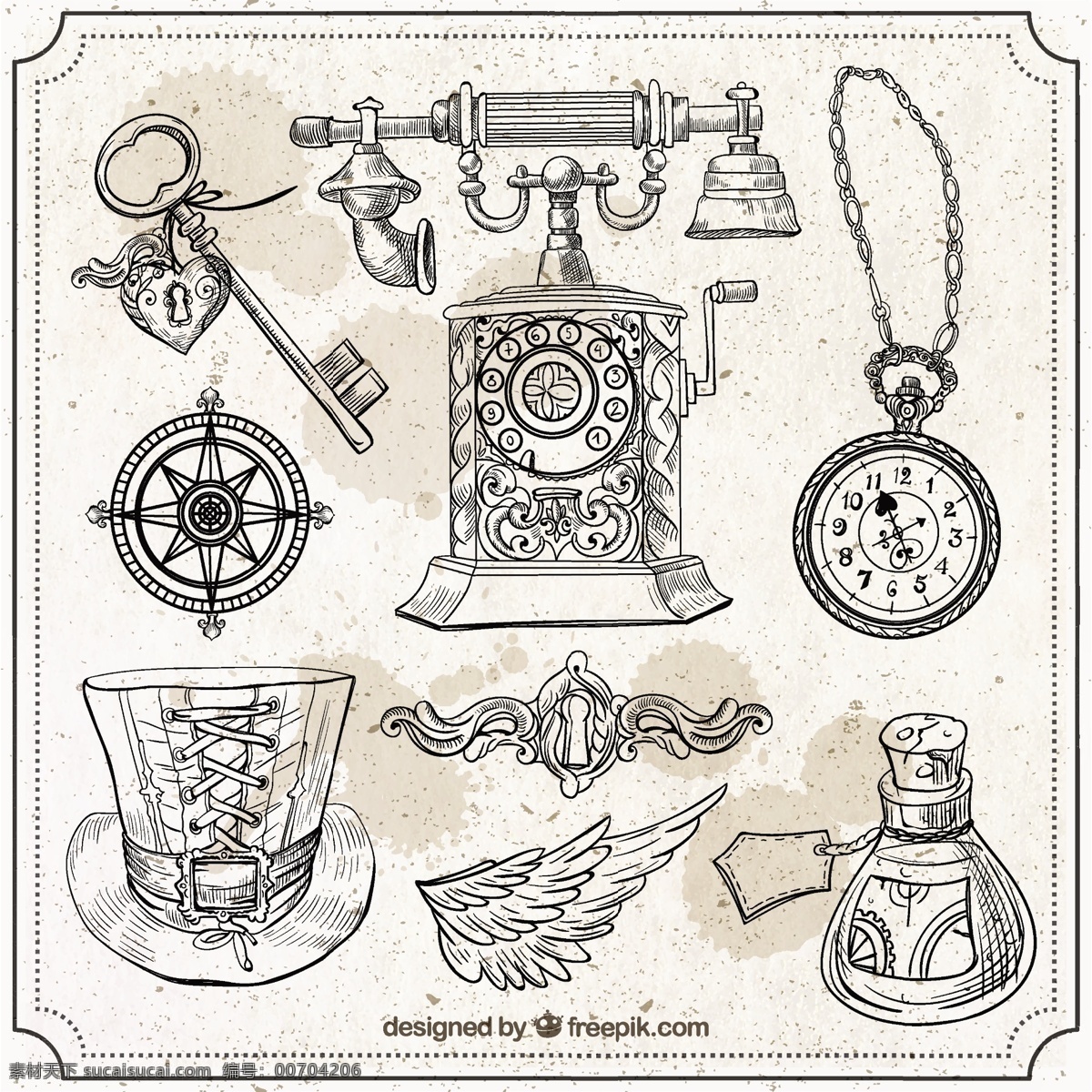 手绘 蒸汽 朋 克 元素 复古 电话 艺术 金属 齿轮 钥匙 指南针 帽子 绘图 翼机 工业 维多利亚时代 幻想素描