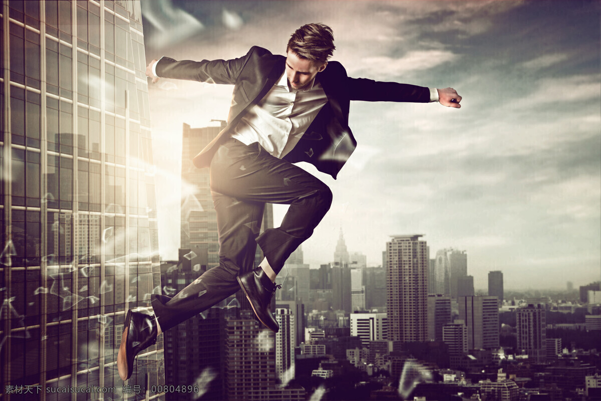 城市 空中 跳跃 商务 男人 高楼大厦 蓝天白云 凌空 飞跃 跨越 动作 姿势 动感 活力 商务男人 外国男人 生活人物 人物图片