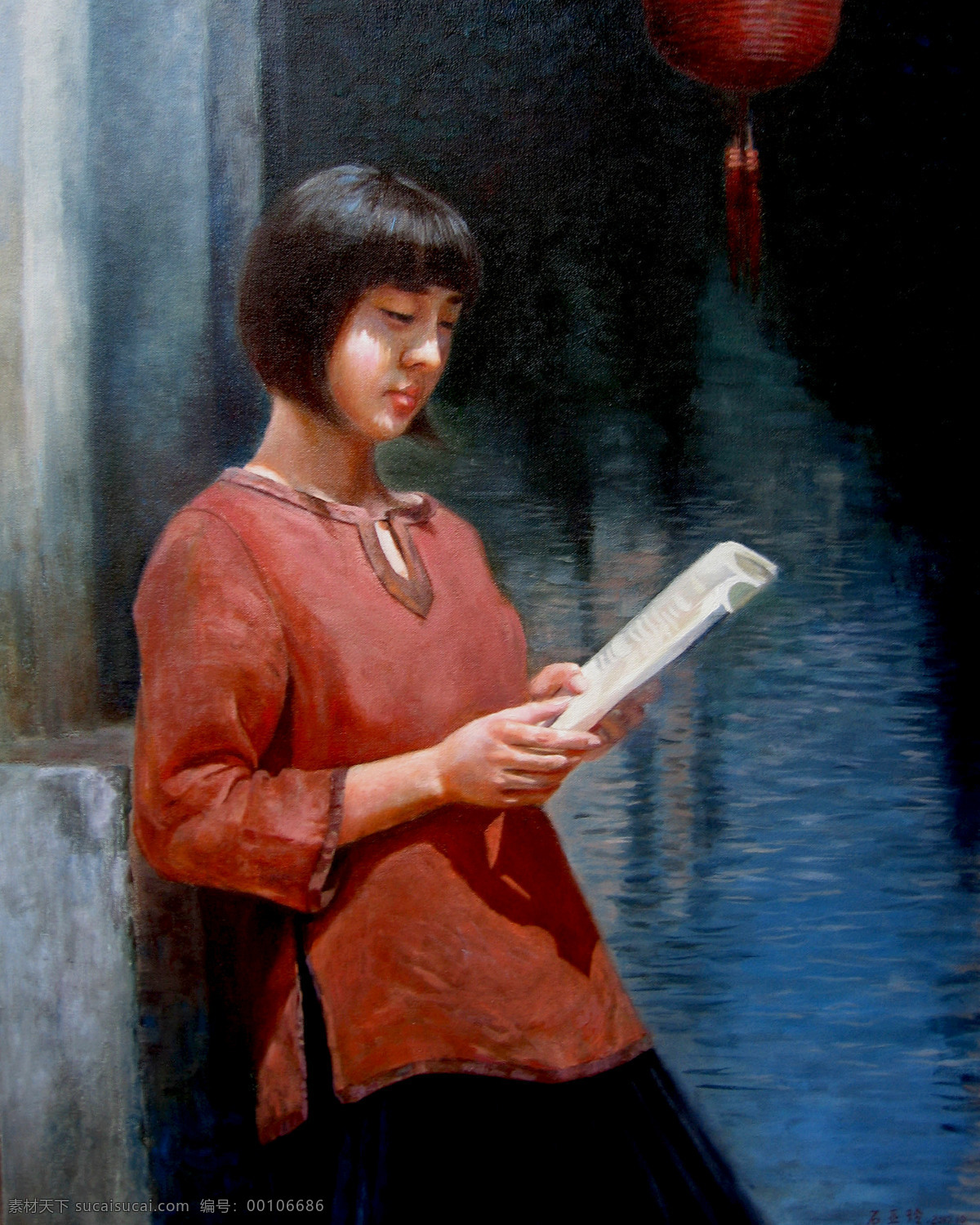 表情 动作 服装 姑娘 绘画 绘画书法 看书 美人 青青小河 美术 油画 女人 女孩 女子 姿势 水乡 民居 油画艺术 油画作品11 文化艺术 家居装饰素材
