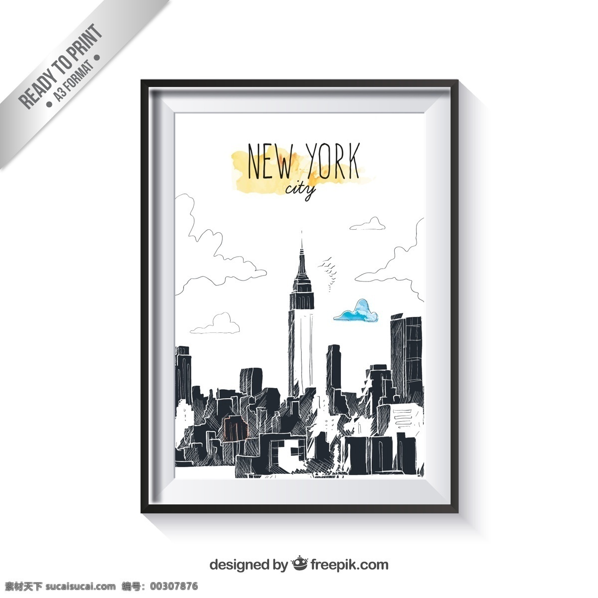 创意 手绘 纽约 城市 建筑群 建筑 素描 白色