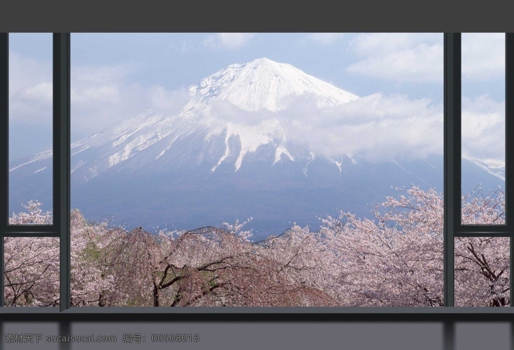 大型 窗外 风景 富士 山下 日本风景 富士山下 樱花 浪漫温馨 大型装饰墙画 大型壁画 窗外风景 假窗户 装饰品 拓展视觉 源文件 矢量素材 山水风景 自然景观 矢量