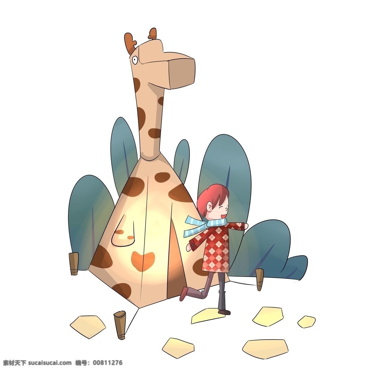 卡通 旅游 地点 插画 商用 人物 长颈鹿 叶子 旅游地 围巾
