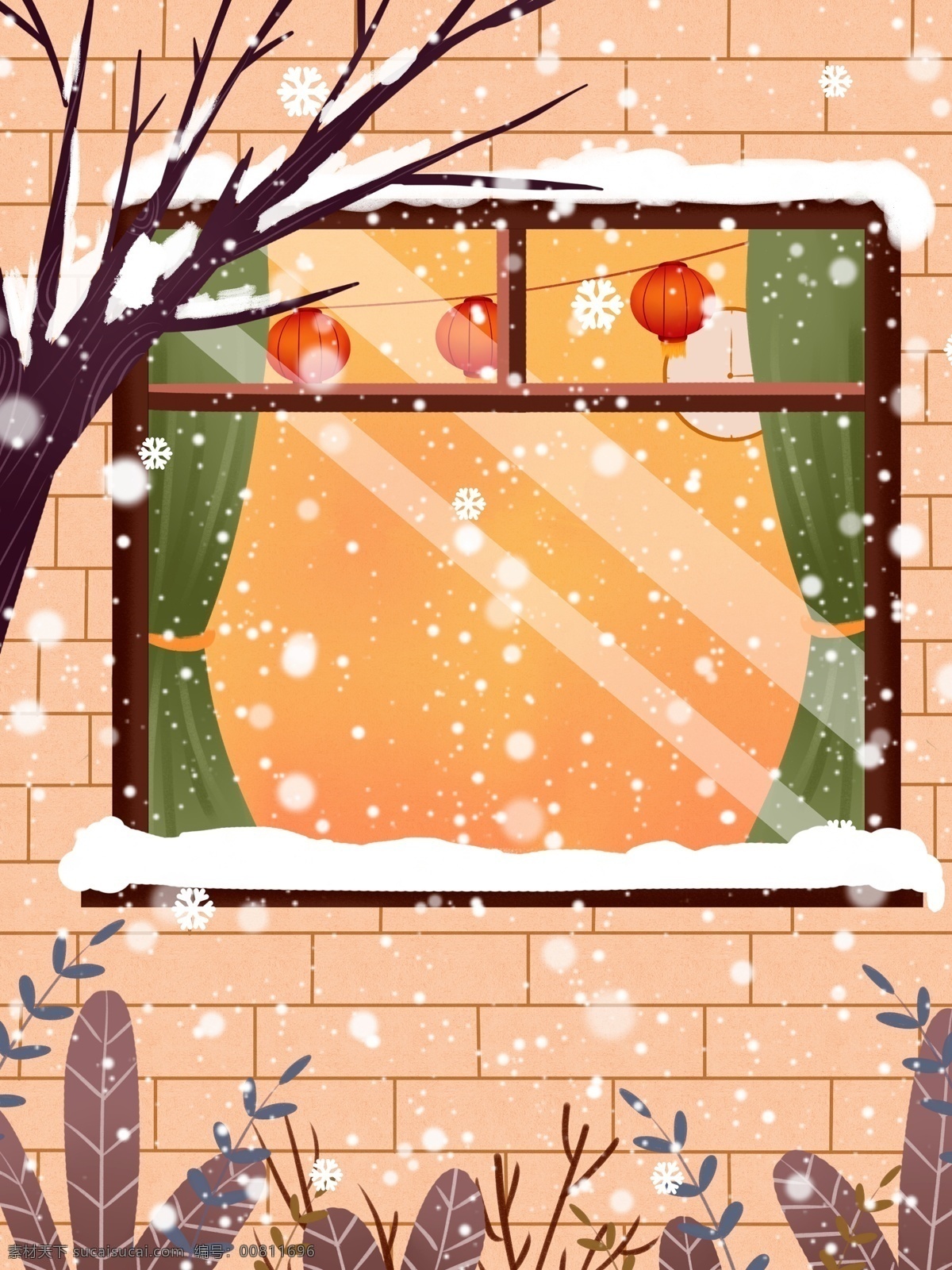 冬季 小雪 窗外 风景 背景 背景设计 雪景 房屋 大雪节气 中国风节气 彩绘背景