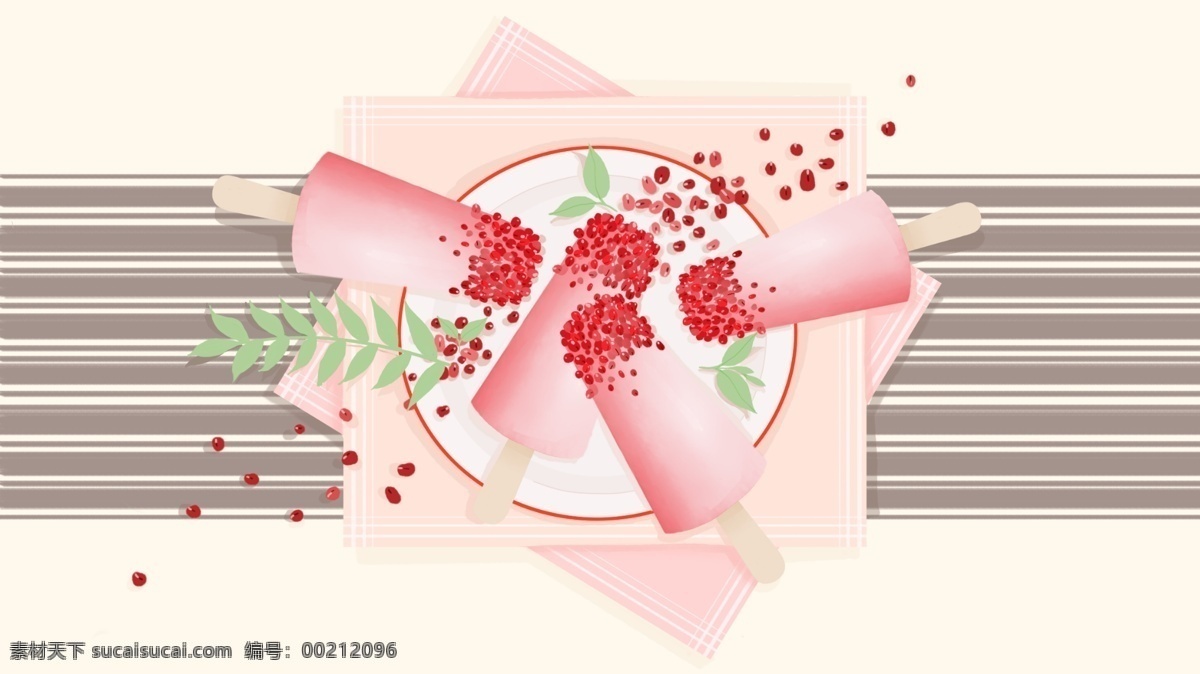 夏天 味道 原创 小 清新 红豆 冰棍 插画 插图 小清新 美食 壁纸 配图 粉色