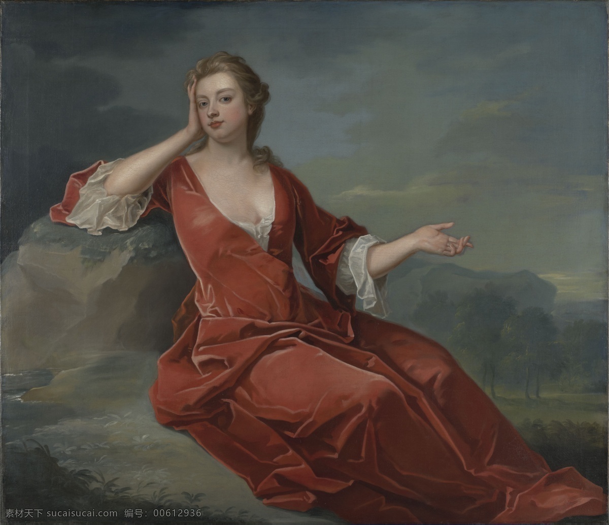 莎拉 马尔 伯勒 公爵 夫人 英国贵族 年轻少妇 郊外 红色连衣裙 古典油画 油画 文化艺术 绘画书法