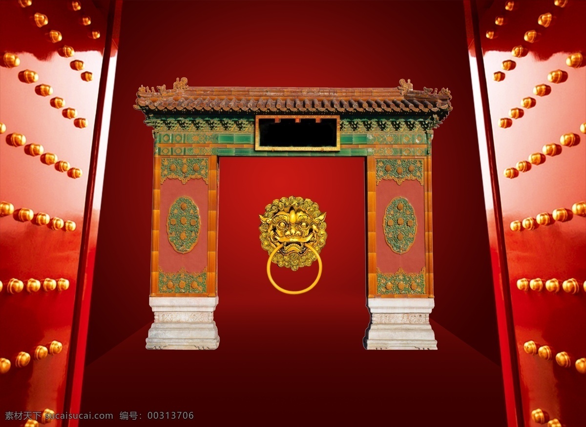 古代 大宅门 大红门 金色门环 城门 院门 朱门 古代城门 中国风格 建筑 文化 设计素材 分层 源文件库