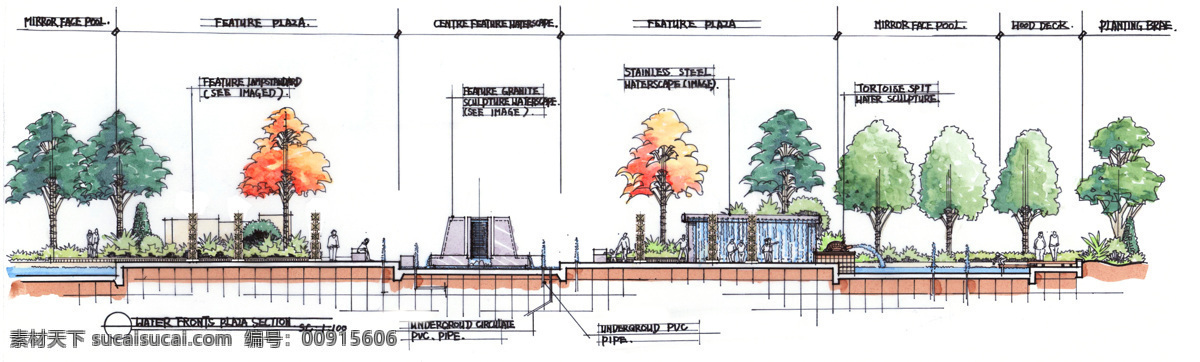 手绘 滨 水 广场 大 剖面 灯柱 总平面 景观设计 环境艺术 效果图 滨水广场 环境设计