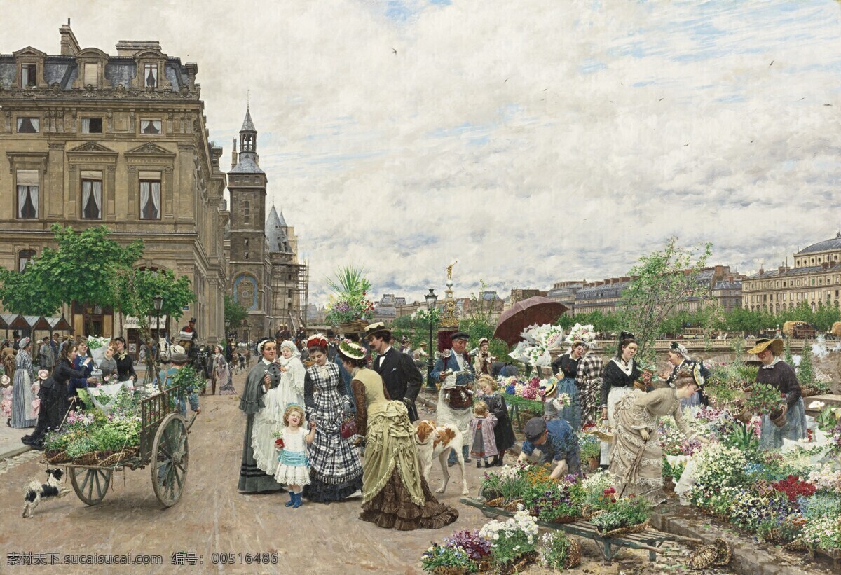 鲜花市场 人来人往 络绎不绝 种鲜花 三色槿 19世纪油画 油画 文化艺术 绘画书法