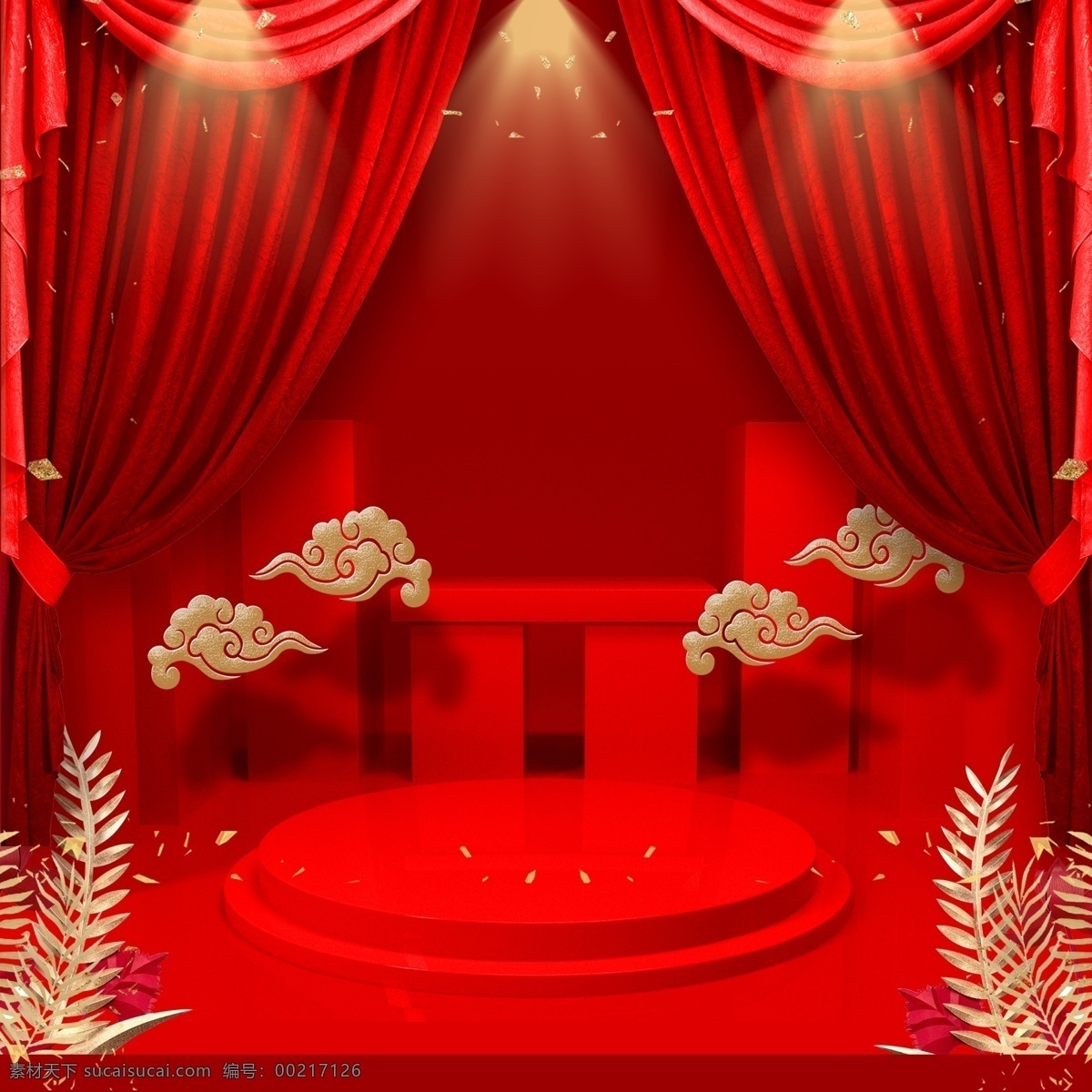 红色 中国 风 主 图 背景 红色幕布 金色叶子 金色云 红色舞台 主图背景 背景素材 直通车