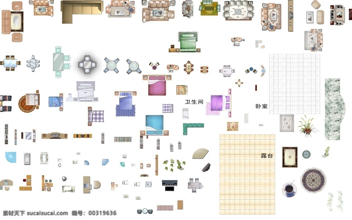 彩屏平面模型 室内 彩平 桌椅 床 摆设 餐桌 平面图 花草 花 地毯 卫浴 餐厅 客厅 psd分层 分层 psd源文件