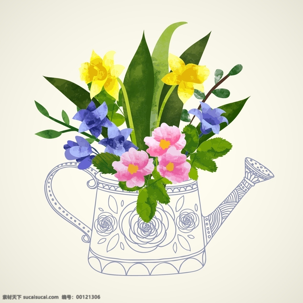 美丽插花水壶 水彩插花水壶 花瓶 水壶 插花 花卉 创意图 生物世界 花草