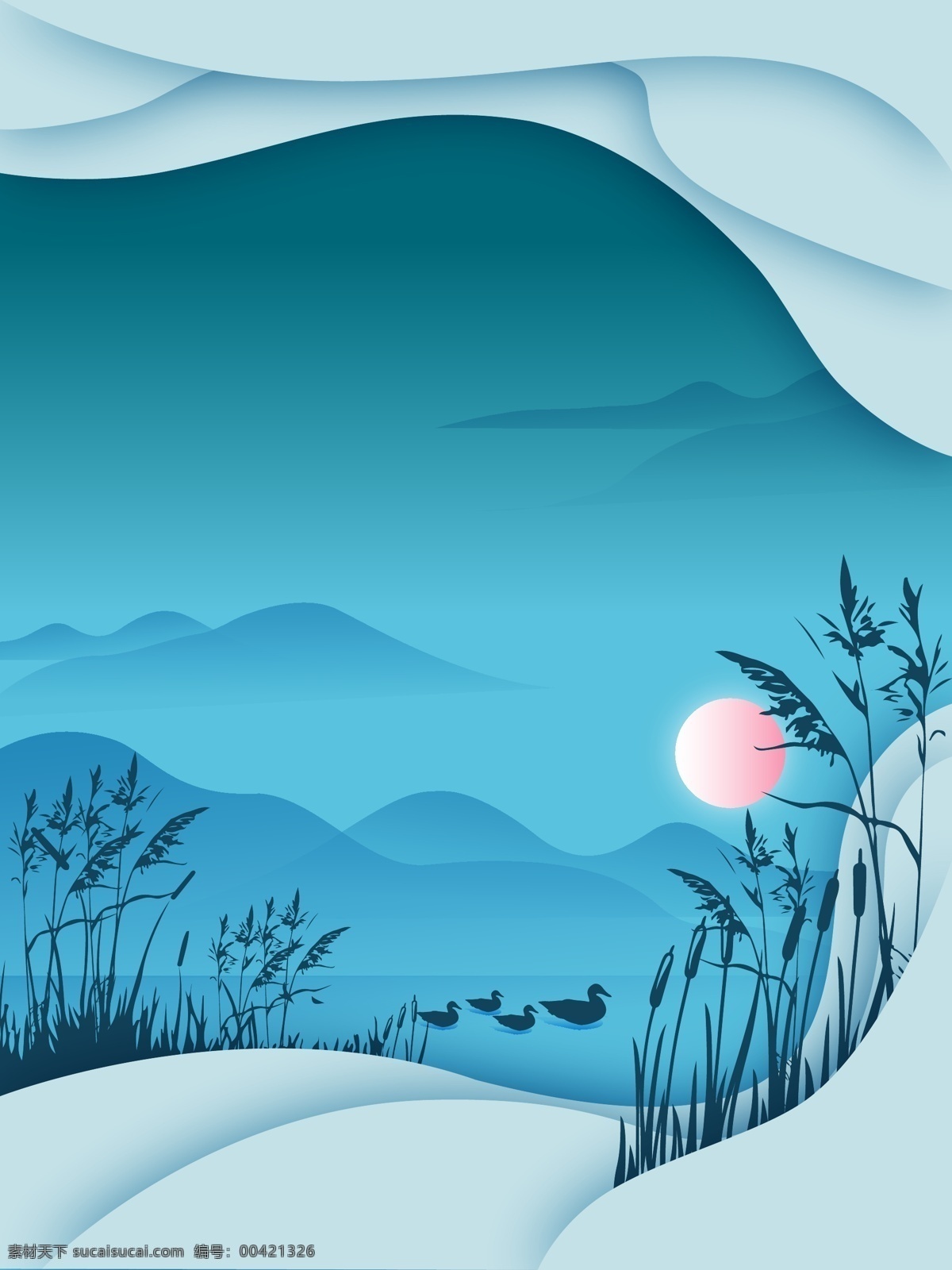 蓝色 清新 风 风景 插画 背景 晚安世界 夜晚风景 插画背景 景色插画背景 手绘背景 森系背景 广告背景
