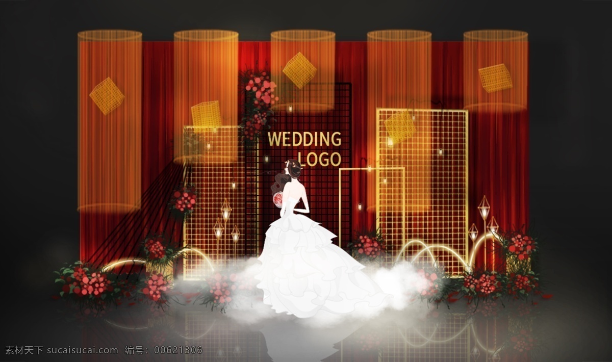 红 金工 业风 个性 原创 留影 区 效果图 金 工业风 大气 婚礼 花艺 新娘 铁艺 铁网 线帘 造型 灯 钻石 纱幔 合影