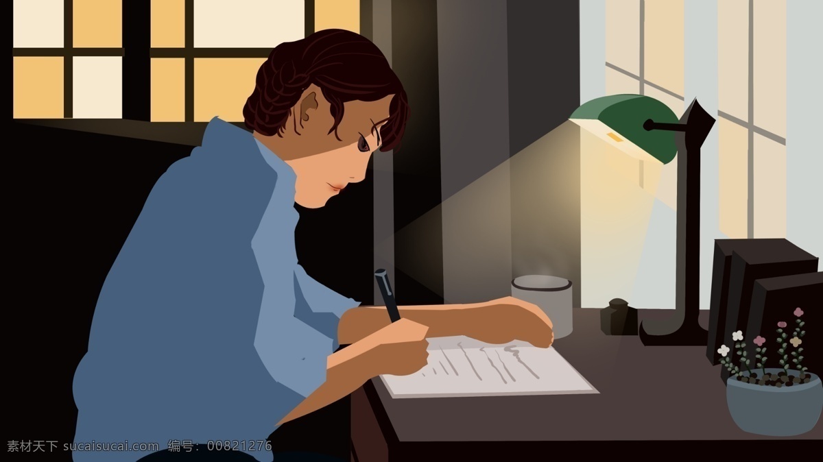 民国 学生装 学生 学习 夜晚 插画 复古