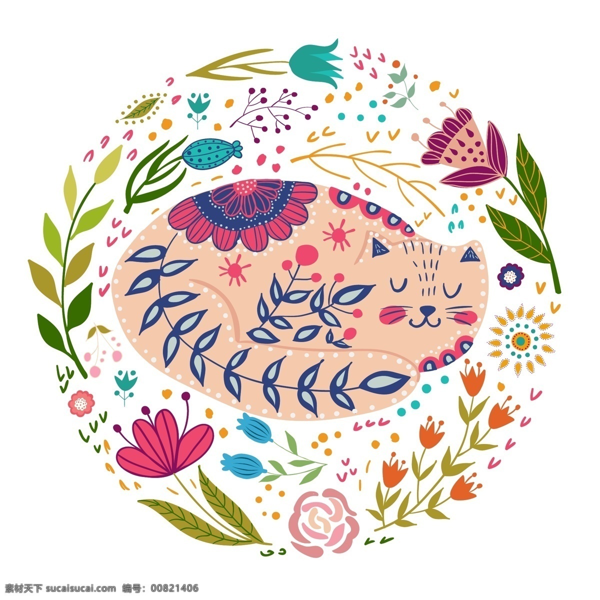 手绘 花朵 猫咪 手绘猫咪 花朵图案 手绘素材 花绘 手绘花 印花图案 水彩花 矢量素材