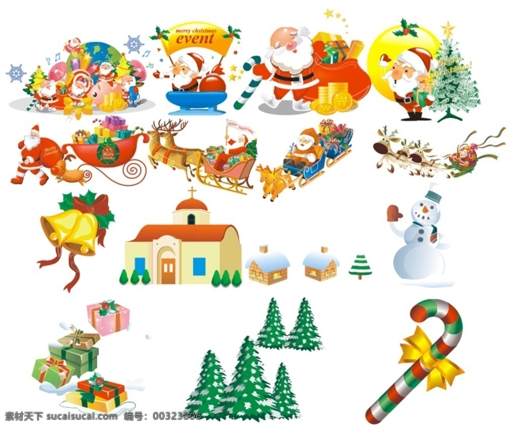 圣诞树 圣诞屋 圣诞元素 雪橇 麋鹿 雪人 糖果 礼盒 礼物 铃铛 地球 圣诞老人 圣诞礼物 松树 小狗 音符 鹿 雪花