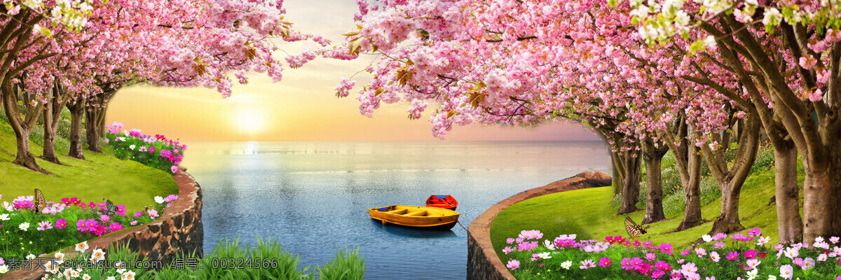 樱花树下 河边小船 美丽樱花