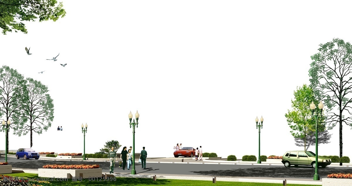 建筑表现 ps 后期制作 配景 ps后期制作 配景素材 植物 路面 路灯 花坛 白色