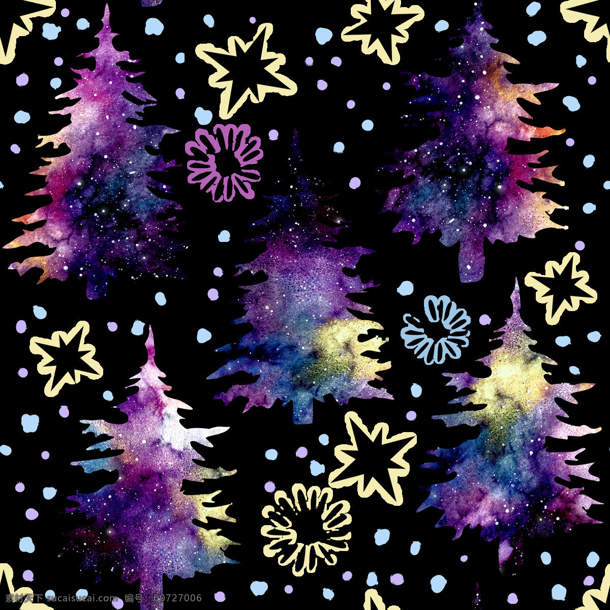 手绘 紫色 艺术 圣诞树 背景 斑斓 黑色 黄色 渐变 免扣素材 水彩 透明素材 装饰图案