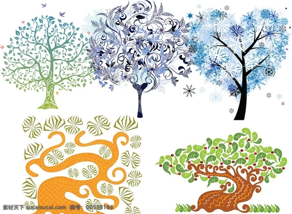 树素材 矢量树木 树木图案 树木插图 心形树 可爱树 绿色树 蓝色树 花卉植物 分层