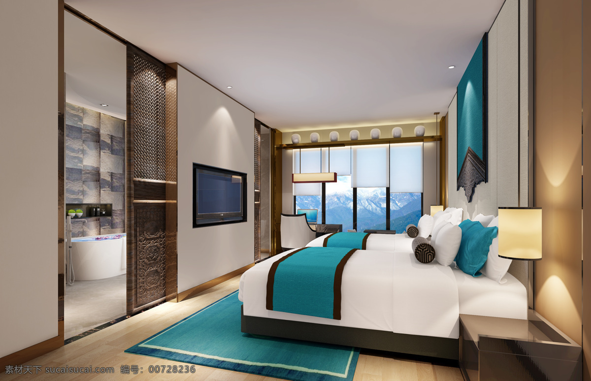 现代 时尚 卧室 亮 蓝色 地毯 室内装修 效果图 卧室装修 木地板 蓝色地毯 白色背景墙